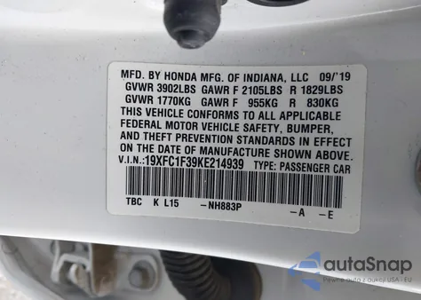 2019 Honda Civic Ex from USA, damaged, VIN 19XFC1F39KE214939